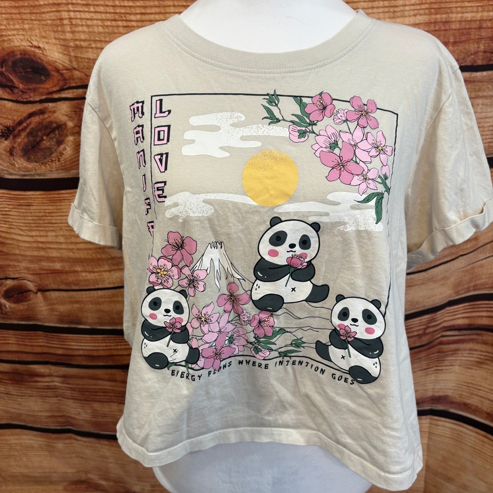 Good Vibes Womens Tan Short Sleeve Midriff Japan / Panda Graphic Tee Size XL